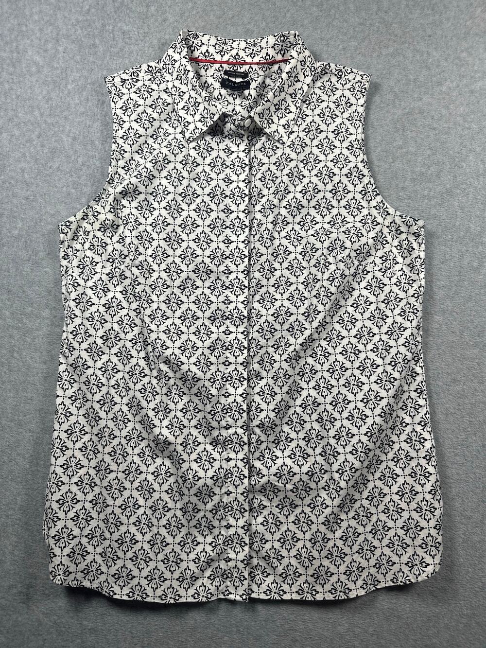 Talbots Button Up Blouse Women's Size 12 Black White Floral Wrinkle Resistant